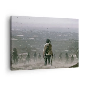 Obraz na plátne - Postava so zbraňou stojí pred skupinou v dystopickej krajine. - 70x50cm - Posledný spravodlivý? - Moderná nástenná dekorácia do obývacej izby a spálne ARTTOR