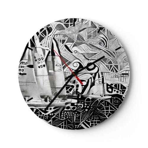 Nástenné hodiny - Čiernobiele abstraktné vlny s geometrickými prvkami - 30x30cm - Medzi vlnami - Moderná nástenná dekorácia do obývacej izby, kuchyne a spálne ARTTOR