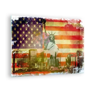 Obraz na skle - Vlajka USA so siluetou Sochy slobody a panorámou mesta - 70x50cm - Viva America! - Moderná nástenná dekorácia do obývacej izby a spálne ARTTOR