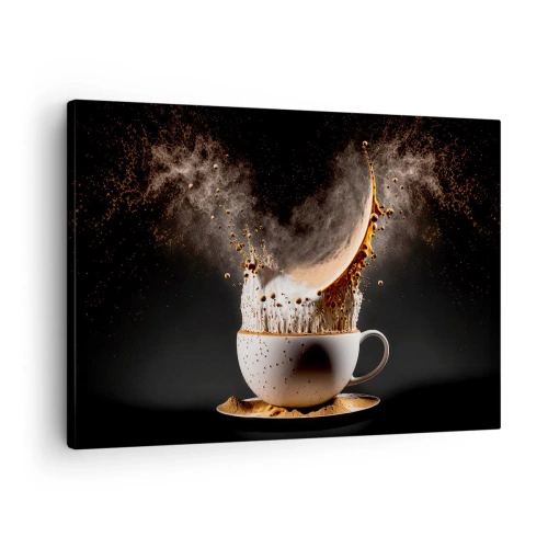Obraz na plátne - Šálka kávy s dynamickou explóziou tekutiny na čiernom pozadí. - 70x50cm - Explózia chuti - Moderná nástenná dekorácia do obývacej izby a spálne ARTTOR