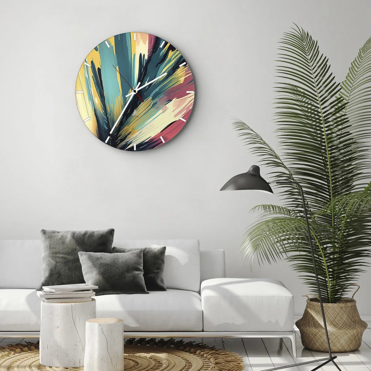 Nástenné hodiny - Explózia farieb v štýle expresívnych ťahov štetcom. - 30x30cm - Kompozícia – explózia radosti - Moderná nástenná dekorácia do obývacej izby, kuchyne a spálne ARTTOR