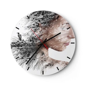 Nástenné hodiny - Umelecký profil ženy s motívom konárov a vtákov na bielom pozadí. - 30x30cm - Duch lesa - Moderná nástenná dekorácia do obývacej izby, kuchyne a spálne ARTTOR
