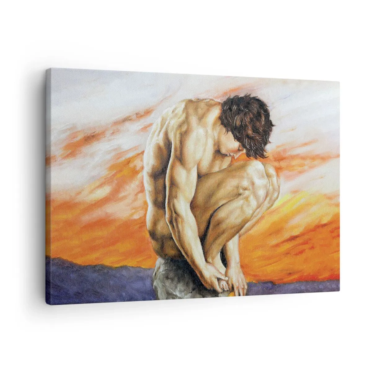 Obraz na plátne - Muž stratený v myšlienkach na pozadí západu slnka - 70x50cm - Ponorený do seba - Moderná nástenná dekorácia do obývacej izby a spálne ARTTOR