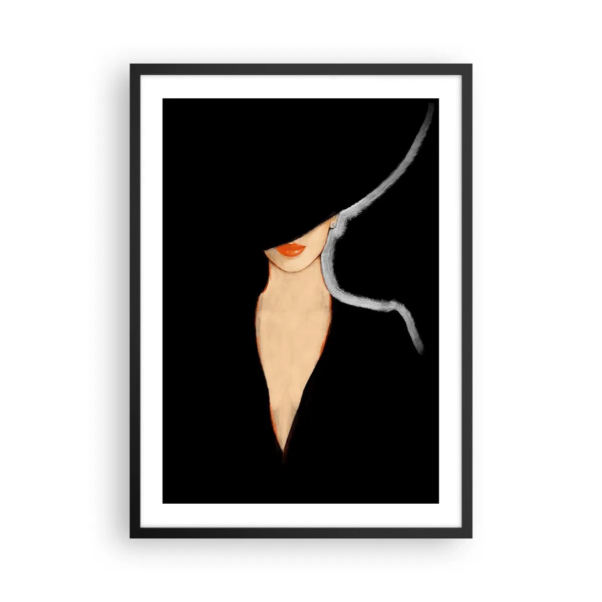 Plagát v čiernom ráme - Žena v klobúku s červenými perami na čiernom pozadí - 50x70cm - Elegancia a štýl - Moderná nástenná dekorácia do obývacej izby a spálne ARTTOR