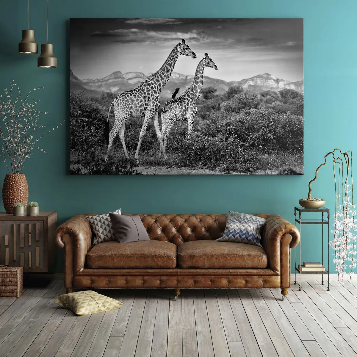 Obraz na plátne - Čiernobiele siluety dvoch žiráf v savane - 70x50cm - Vyššie kruhy v Afrike - Moderná nástenná dekorácia do obývacej izby a spálne ARTTOR