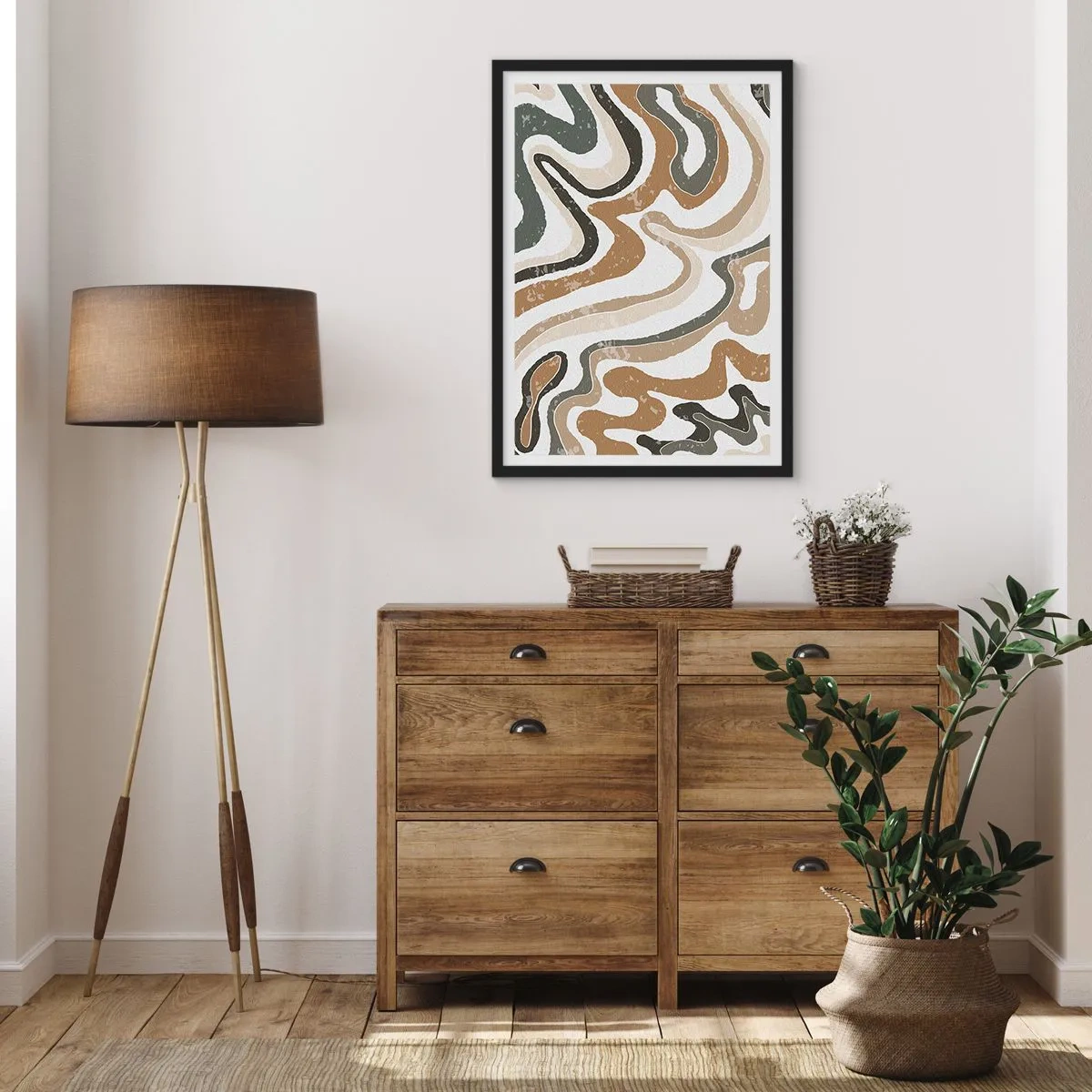 Plagát v čiernom ráme - Abstraktné organické vzory v zemitých tónoch - 50x70cm - Meandre zemitých farieb - Moderná nástenná dekorácia do obývacej izby a spálne ARTTOR
