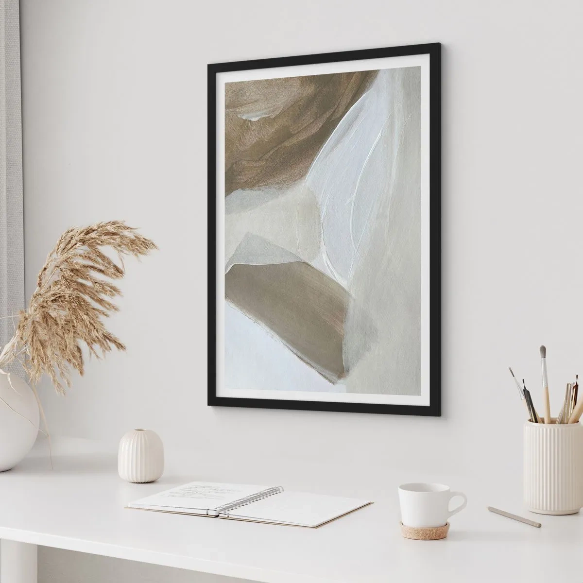 Plagát v čiernom ráme - Minimalistická abstrakcia v béžových odtieňoch - 50x70cm - Vlna bielej - Moderná nástenná dekorácia do obývacej izby a spálne ARTTOR
