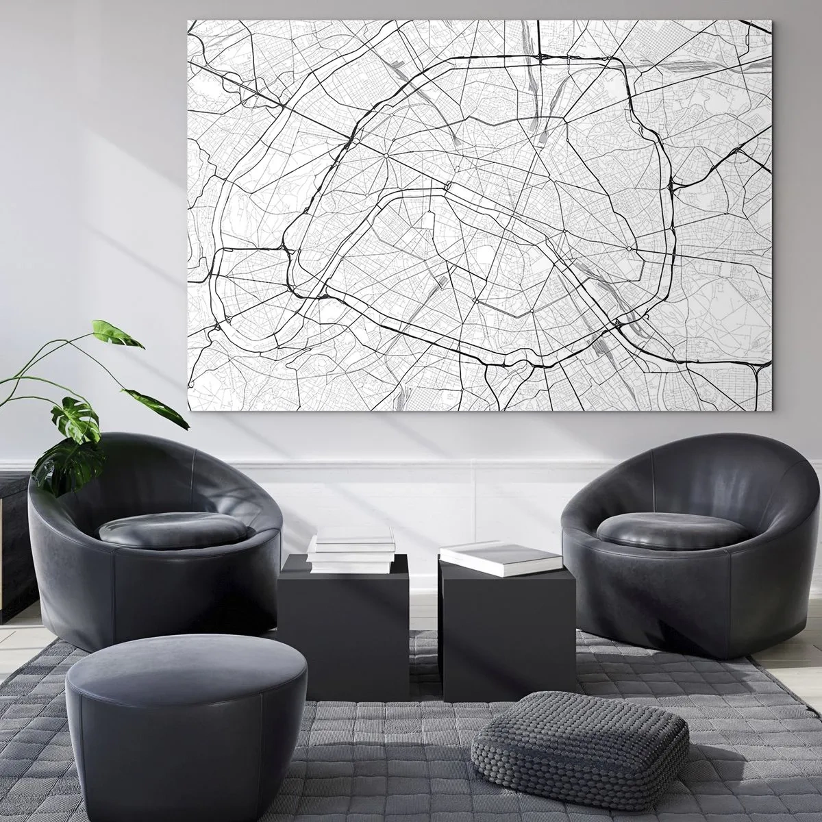 Obraz na skle - Čiernobiela mapa mesta s mriežkou ulíc a kruhovými tepnami - 70x50cm - Kvet Paríža - Moderná nástenná dekorácia do obývacej izby a spálne ARTTOR