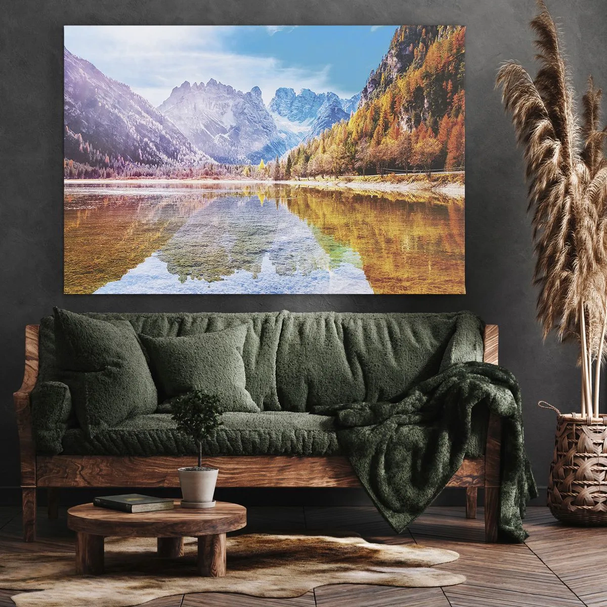 Obraz na plátne - Jesenná horská krajina s jazerom - 70x50cm - A v horách už je jeseň - Moderná nástenná dekorácia do obývacej izby a spálne ARTTOR