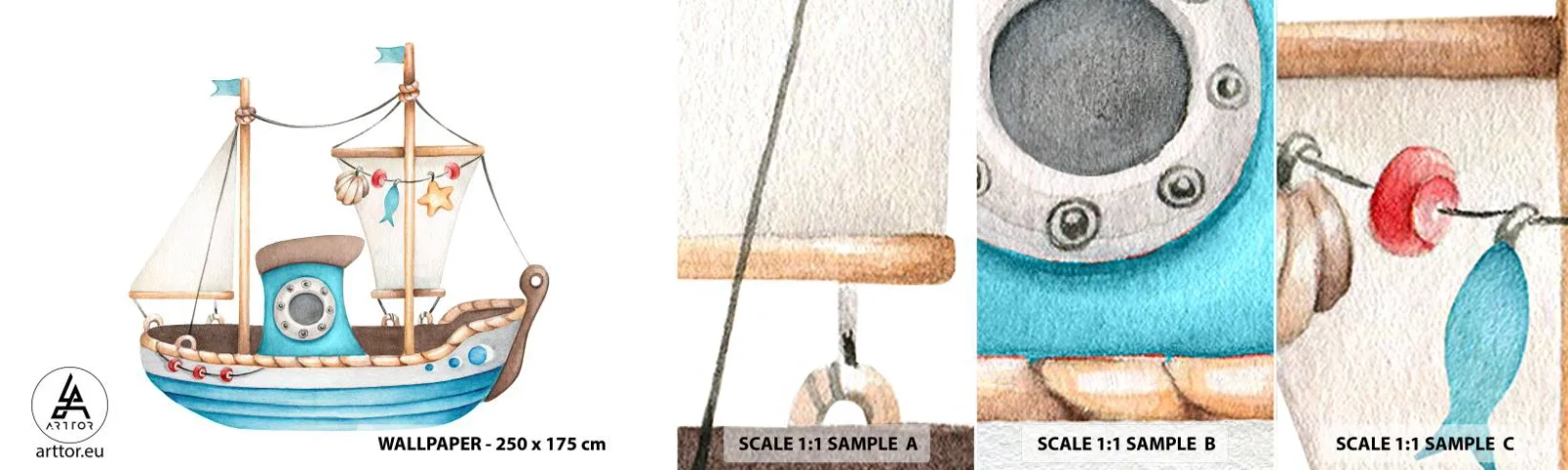 Vzorka samolepiacej fototapety Deluxe Sticker - Ahoj, dobrodružstvo! - Loď, Detský, Námorná - 100x30 cm