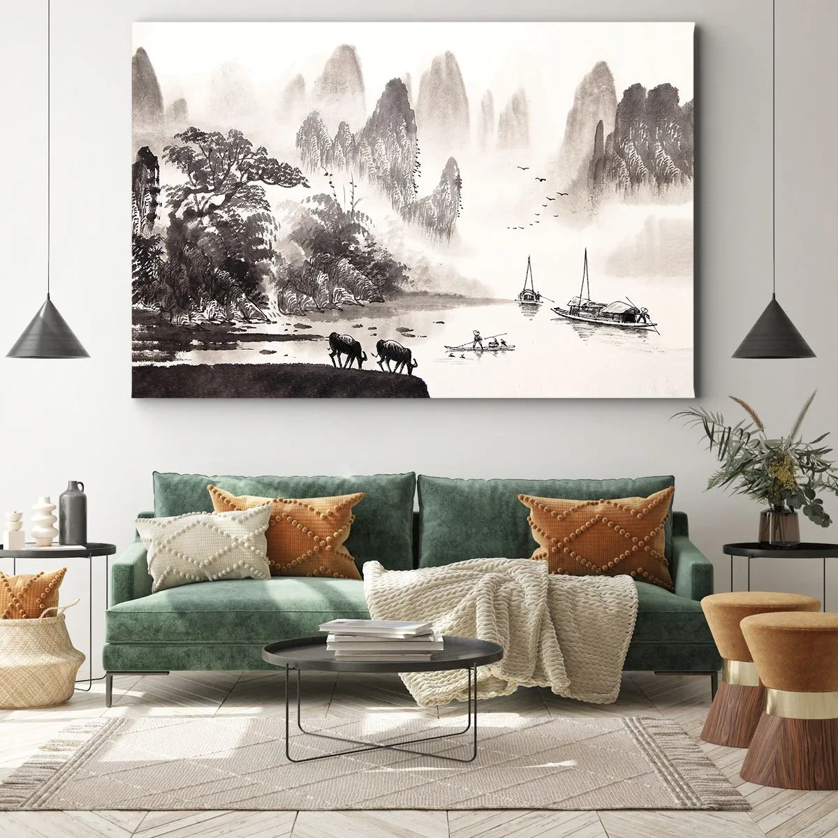 Obraz na plátne - Malebná krajina v ázijskom štýle s hmlistými horami - 70x50cm - Exotická všednosť Východu - Moderná nástenná dekorácia do obývacej izby a spálne ARTTOR