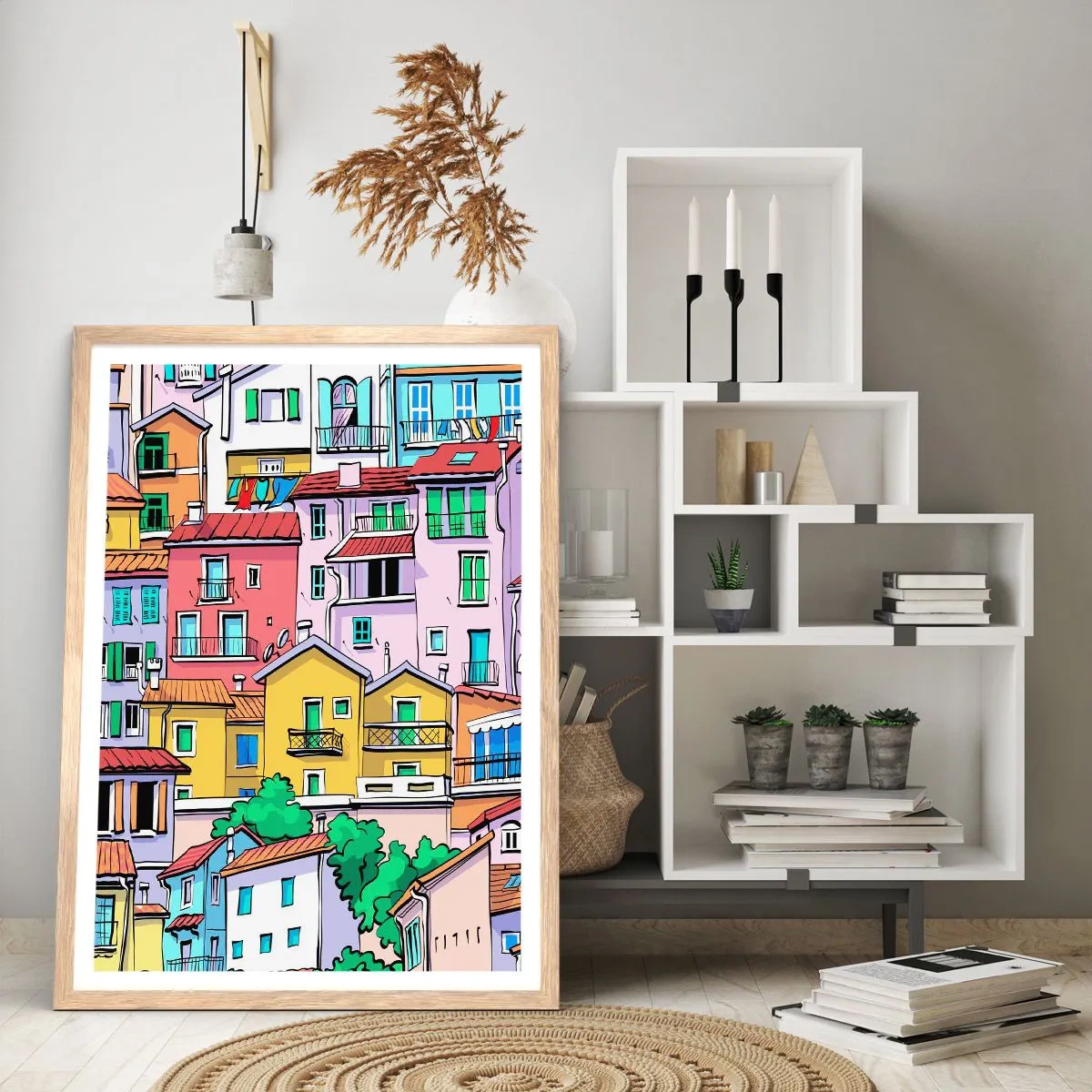 Plagát v ráme zo svetlého duba - Veselé mesto - 61x91 cm