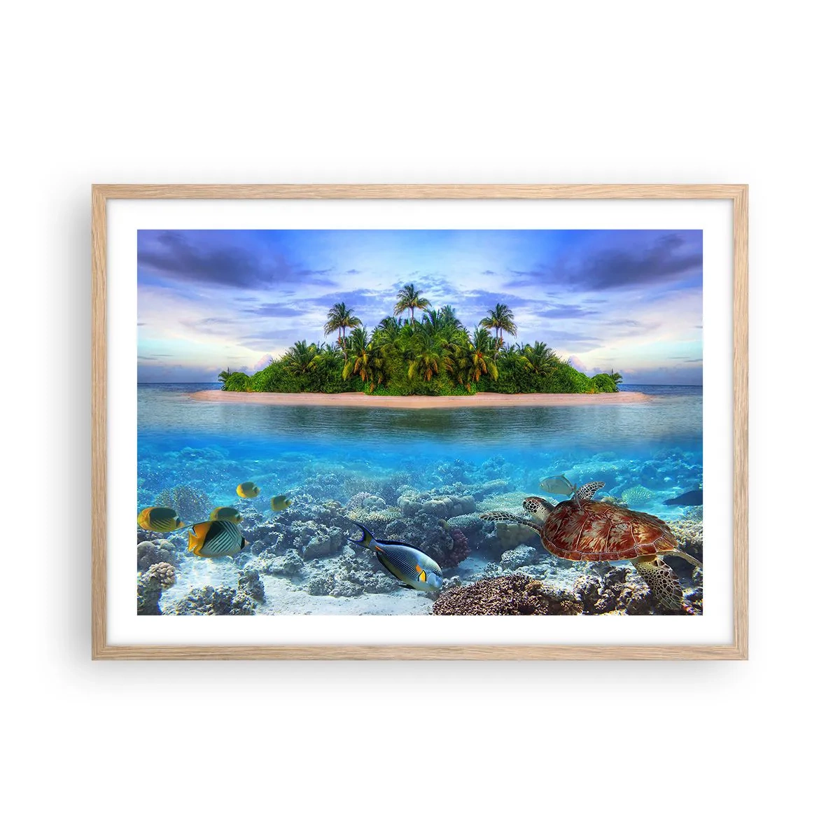 Plagát v ráme zo svetlého duba - Nebeský ostrov pozýva - 70x50 cm