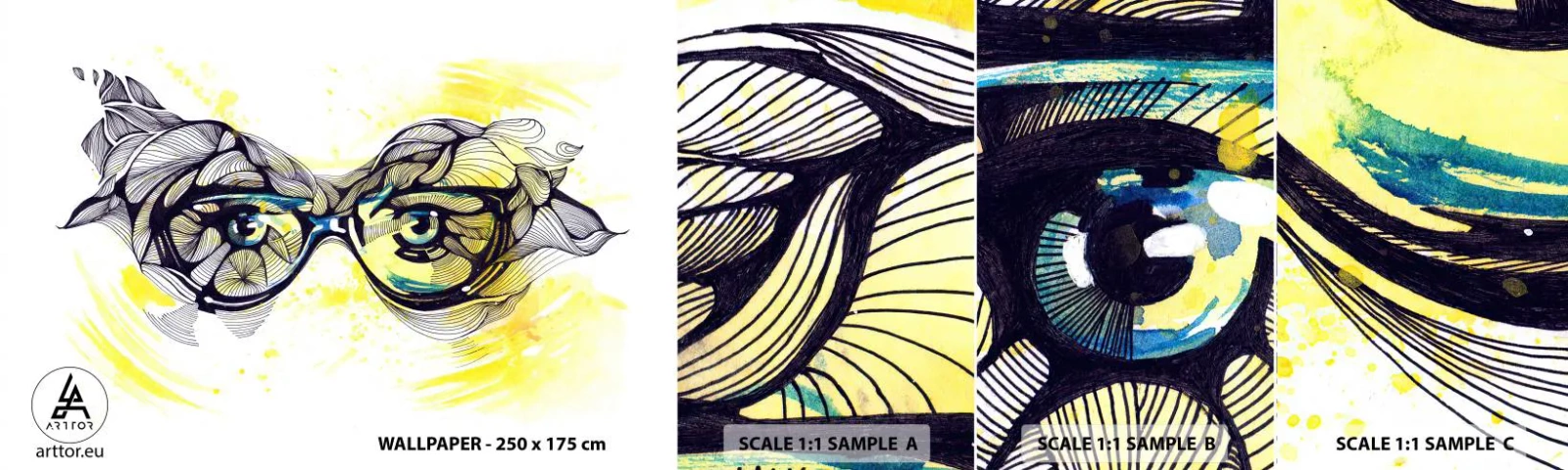 Vzorka samolepiacej fototapety Deluxe Sticker - Cez modré okuliare - Abstrakcia, Dámske okuliare, Ženské oči - 100x30 cm