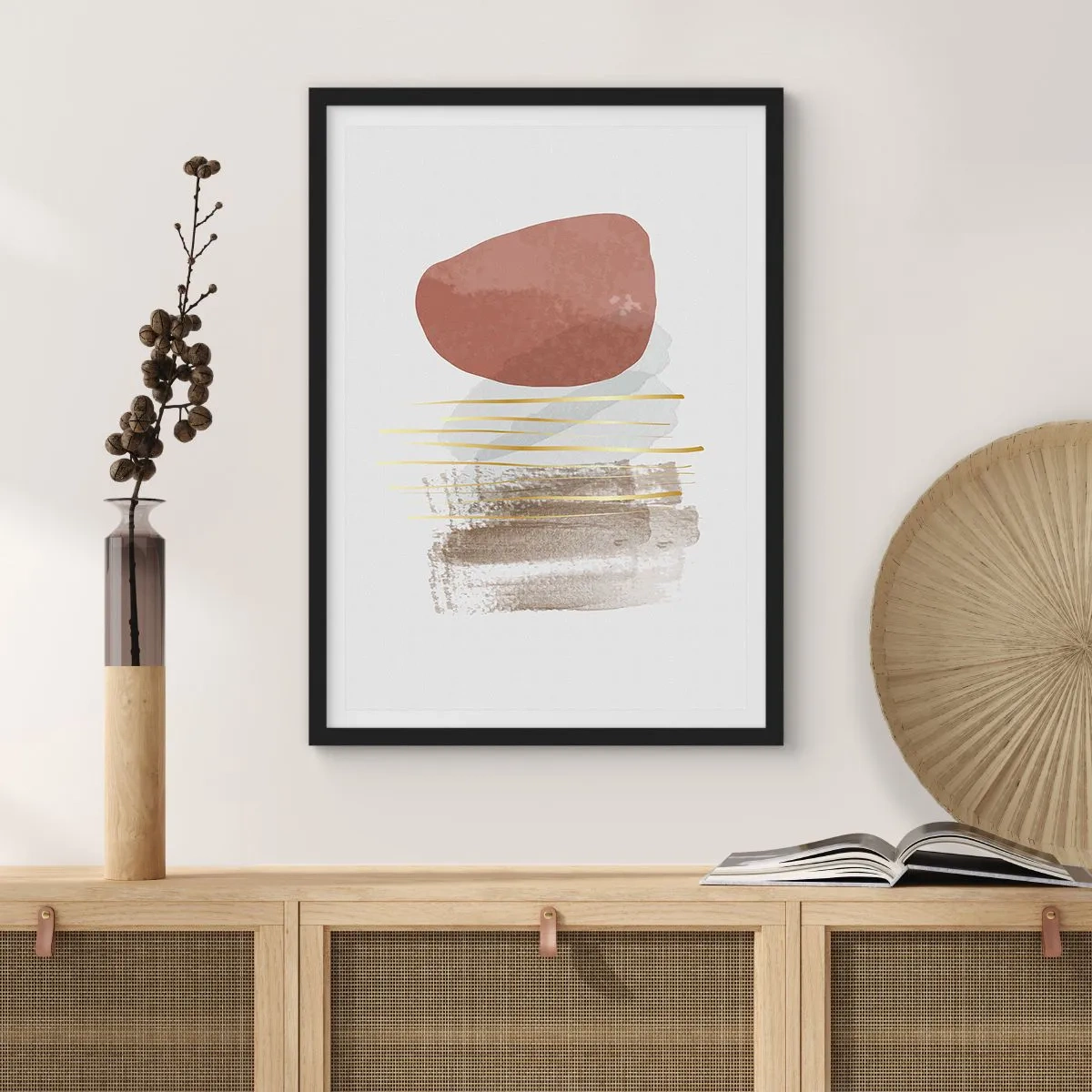 Plagát v čiernom ráme - Minimalistická abstrakcia s geometrickými tvarmi a zlatými čiarami - 50x70cm - Abstraktná kolonáda - Moderná nástenná dekorácia do obývacej izby a spálne ARTTOR