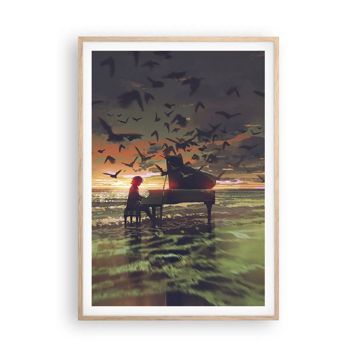 Plagát v ráme zo svetlého duba - Koncert na piano a vlny - 70x100 cm