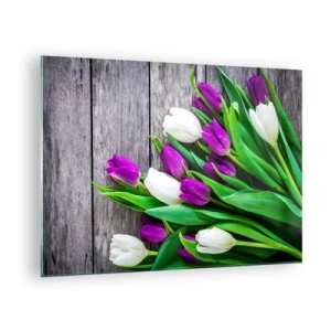 Obraz na skle - Kytica fialových a bielych tulipánov na drevenom pozadí - 70x50cm - V deň jarného sviatku - Moderná nástenná dekorácia do obývacej izby a spálne ARTTOR