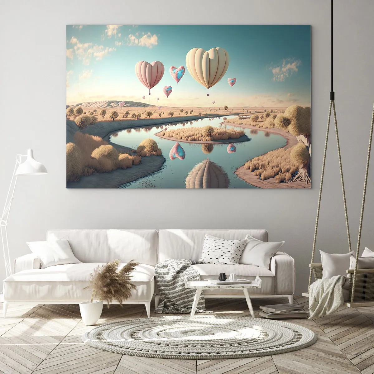 Obraz na skle - Balóny v tvare srdca nad rozprávkovou krajinou s riekou - 70x50cm - Láska ťa nechá vzlietnuť - Moderná nástenná dekorácia do obývacej izby a spálne ARTTOR