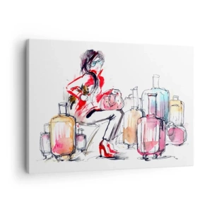Obraz na plátne - Žena s kuframi v dynamickej akvarelovej ilustrácii - 70x50cm - Posaďme sa pred cestou - Moderná nástenná dekorácia do obývacej izby a spálne ARTTOR