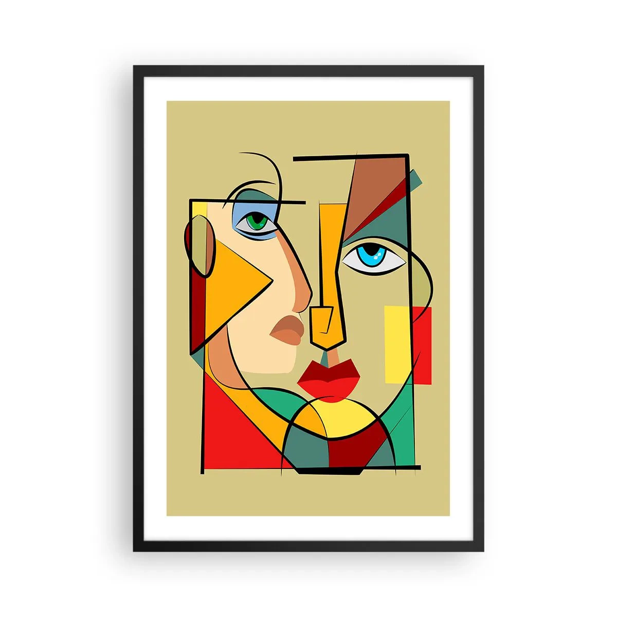 Plagát v čiernom ráme - Kubistický portrét v intenzívnych farbách - 50x70cm - Zhodný pár - Moderná nástenná dekorácia do obývacej izby a spálne ARTTOR