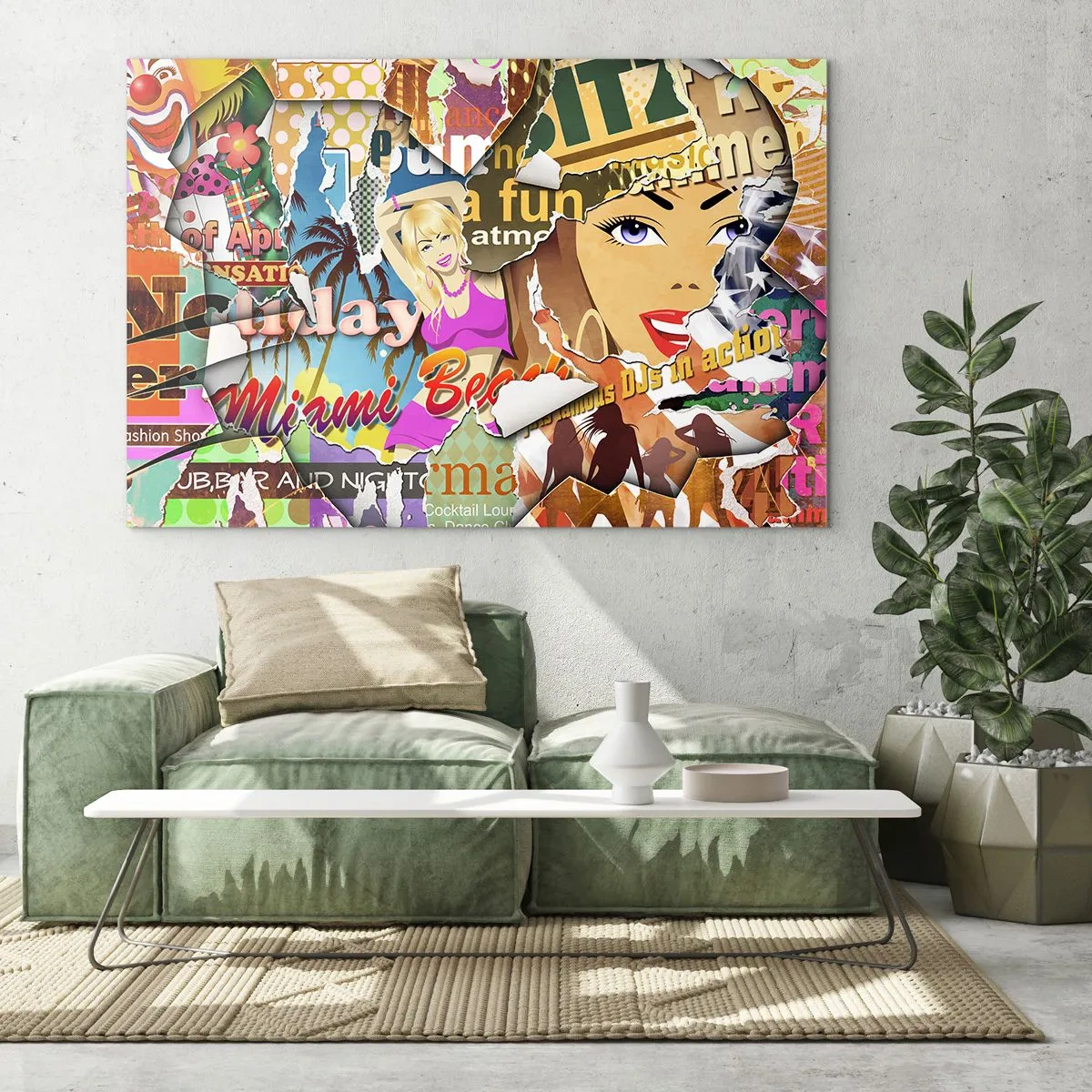 Obraz na skle - Farebná retro koláž s plagátmi a grafikou - 70x50cm - Prázdninová retrospektíva - Moderná nástenná dekorácia do obývacej izby a spálne ARTTOR