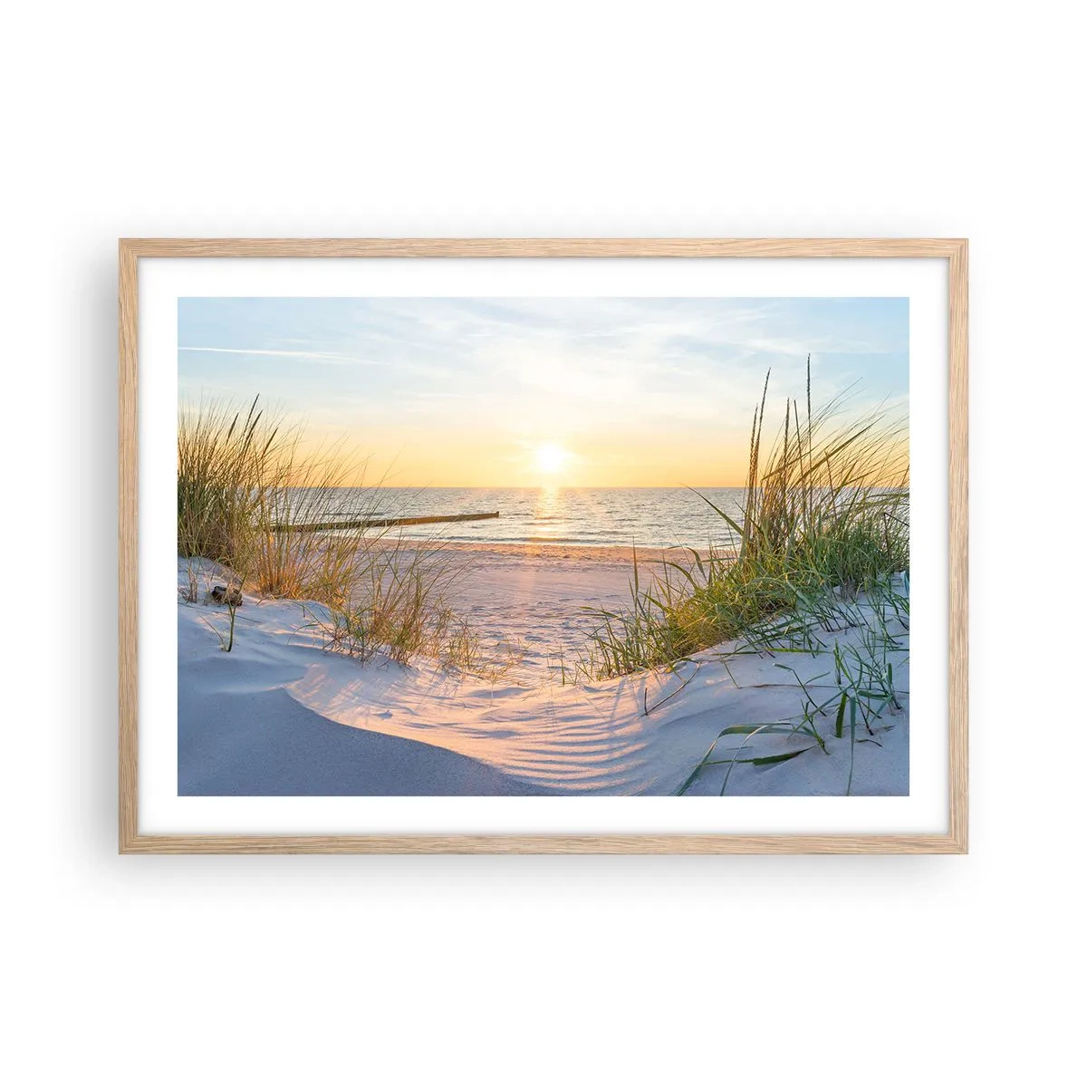 Plagát v ráme zo svetlého duba - Šumenie mora, spev vtákov, divoká pláž uprostred trávy… - 70x50 cm