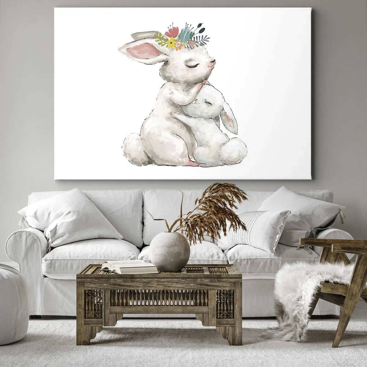 Obraz na plátne - Roztomilé králiky v pastelových farbách - 70x50cm - Najlepšie je u mamy - Moderná nástenná dekorácia do obývacej izby a spálne ARTTOR