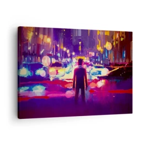 Obraz na plátne - Muž v nočnej scéne neónového mesta - 70x50cm - Ponorený do svetla - Moderná nástenná dekorácia do obývacej izby a spálne ARTTOR