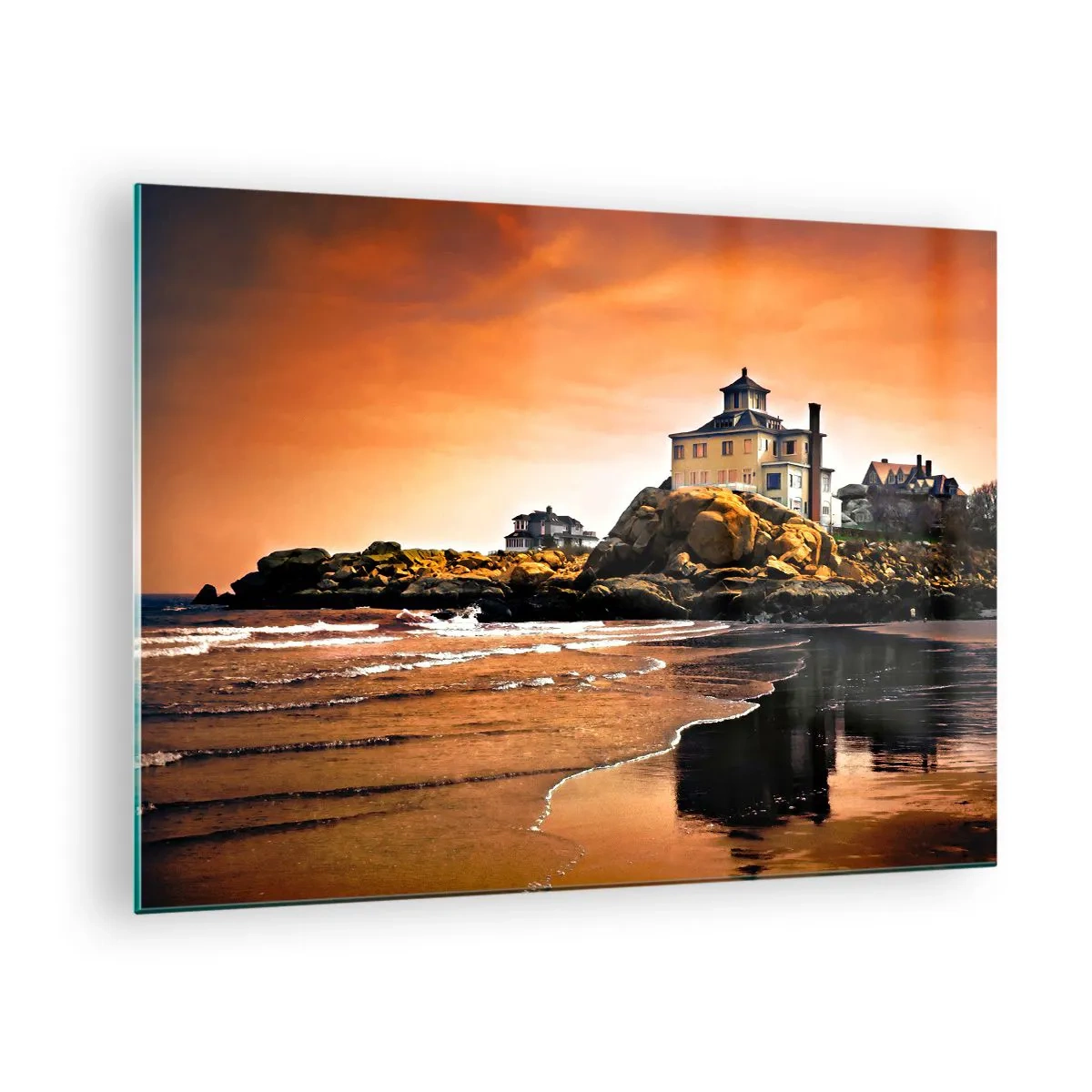 Obraz na skle - Dom na útese s výhľadom na more pri západe slnka - 70x50cm - Elegancia západného pobrežia - Moderná nástenná dekorácia do obývacej izby a spálne ARTTOR