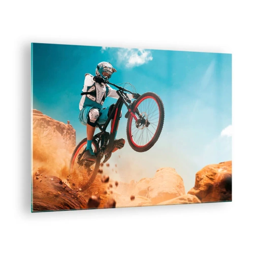 Obraz na skle - Dynamická scéna cyklistu v akcii na skalnatom teréne - 70x50cm - Cyklistický démon šialenstva - Moderná nástenná dekorácia do obývacej izby a spálne ARTTOR
