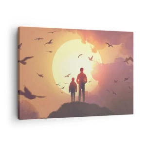 Obraz na plátne - Postavy na pozadí zapadajúceho slnka - 70x50cm - So slnkom tvári v tvár - Moderná nástenná dekorácia do obývacej izby a spálne ARTTOR