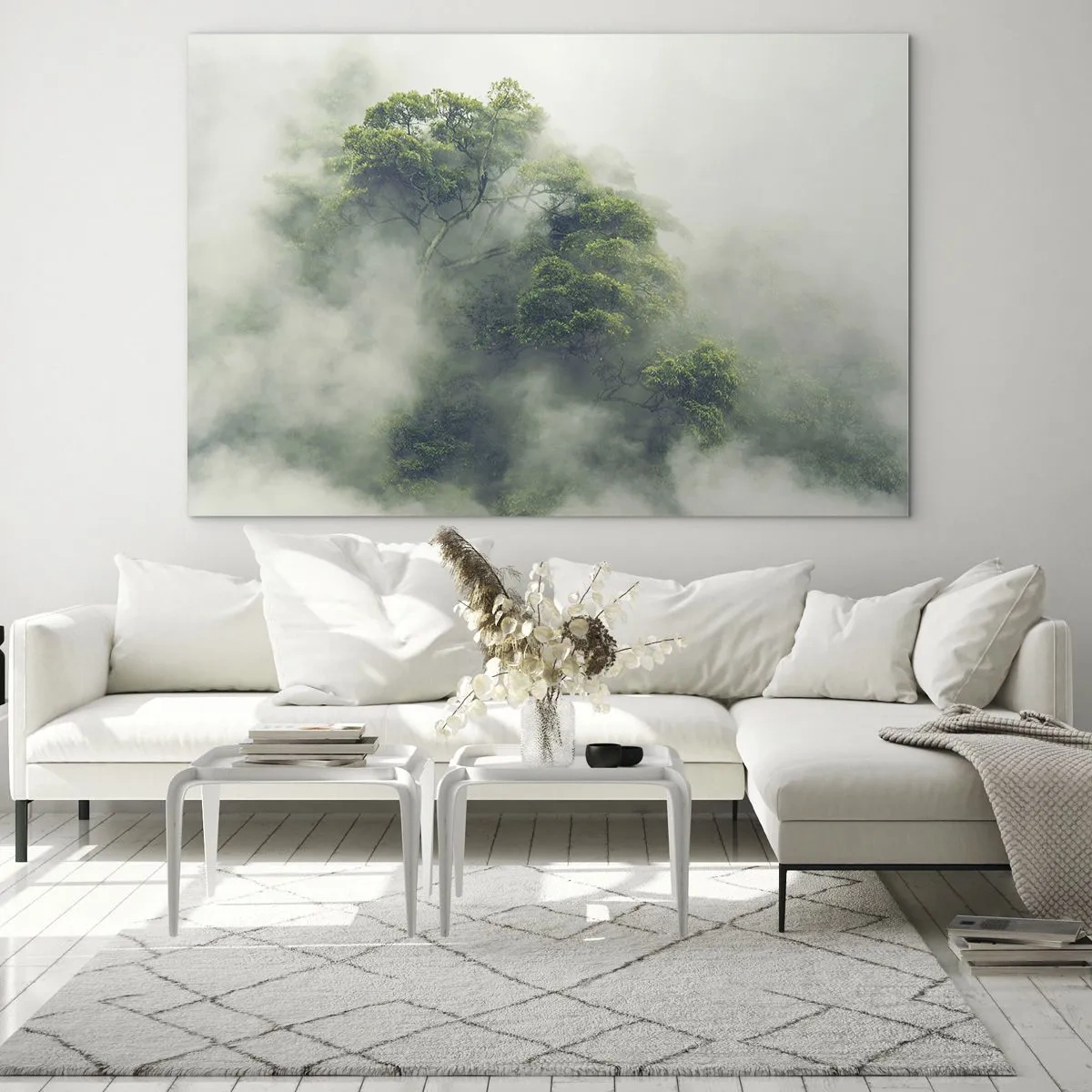 Obraz na skle - Stromy tropického lesa vychádzajúce z hustej hmly - 70x50cm - Zahalené hmlou - Moderná nástenná dekorácia do obývacej izby a spálne ARTTOR