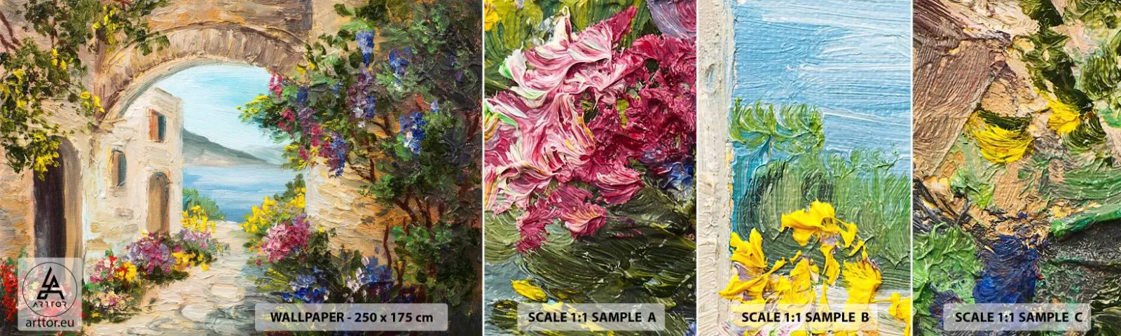 Vzorka Fototapeta Standard Eco - Pôvab pobrežnej krajiny - Architektúra, Grécko, Kvety - 100x30 cm