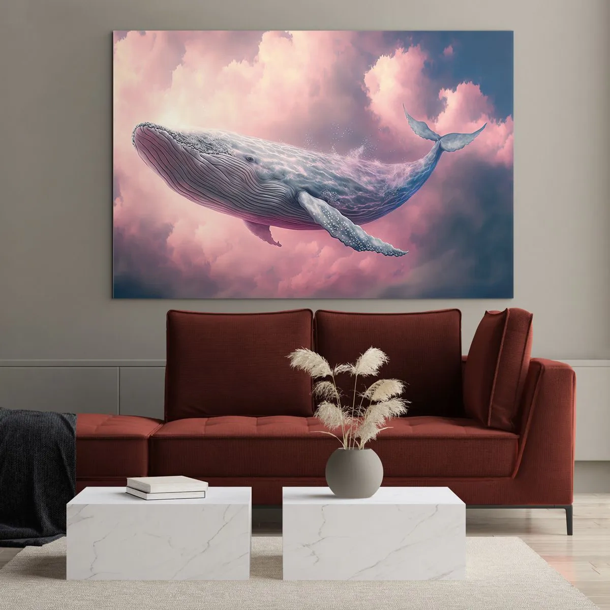Obraz na skle - Veľryba plávajúca v oblakoch s ružovou žiarou - 70x50cm - Otri si oči - Moderná nástenná dekorácia do obývacej izby a spálne ARTTOR