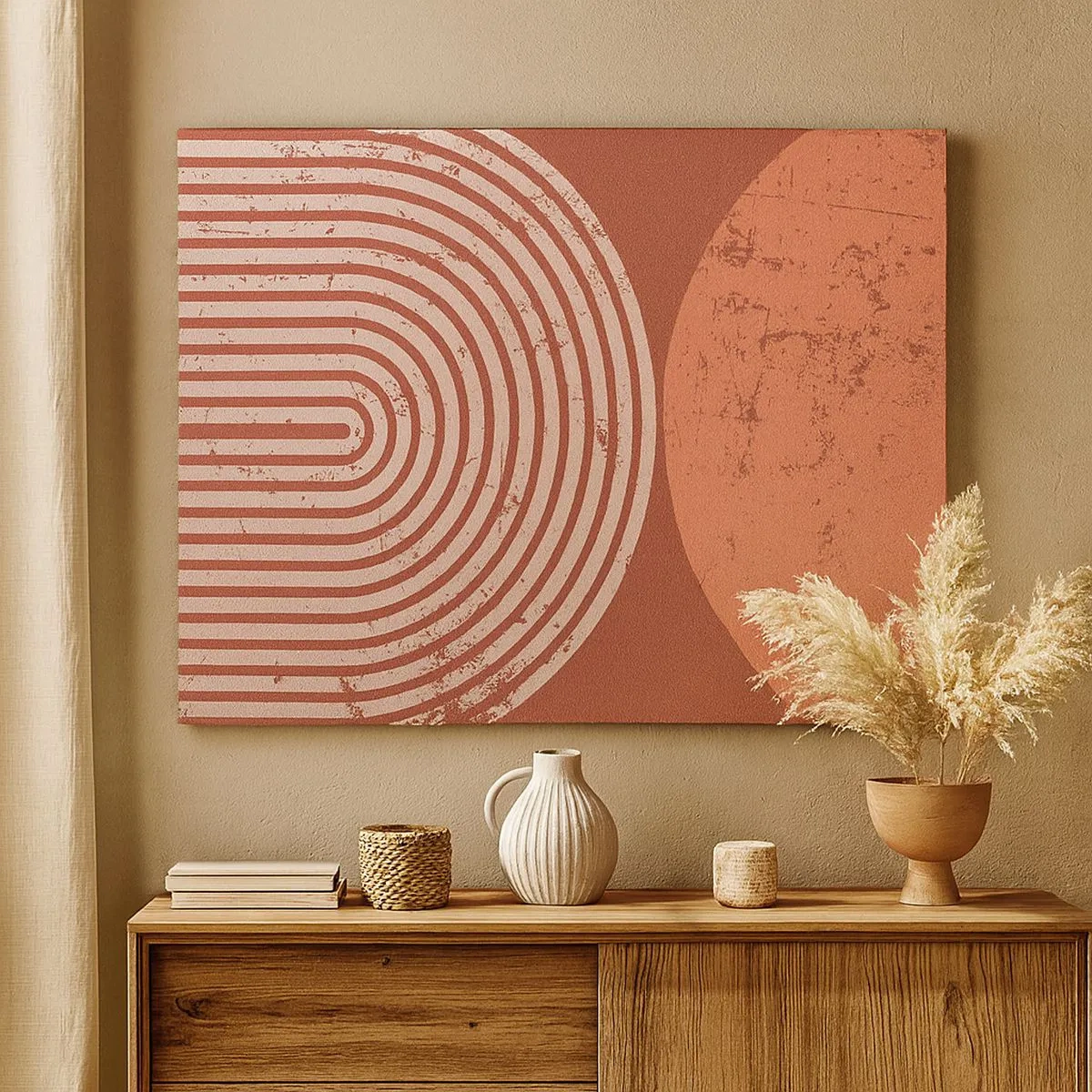 Obraz na plátne - Geometrické vzory v odtieňoch terakoty na vintage pozadí - 70x50cm - Blízky vzťah - Moderná nástenná dekorácia do obývacej izby a spálne ARTTOR