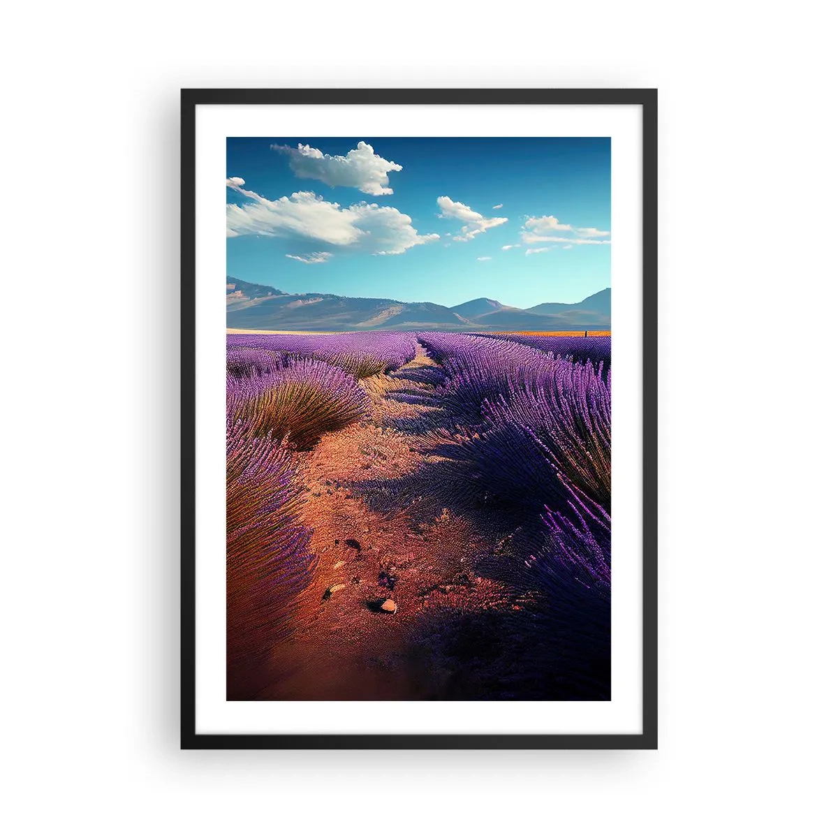 Plagát v čiernom ráme - Levanduľové pole pri západe slnka s horskou krajinou v pozadí - 50x70cm - Voňavé polia - Moderná nástenná dekorácia do obývacej izby a spálne ARTTOR