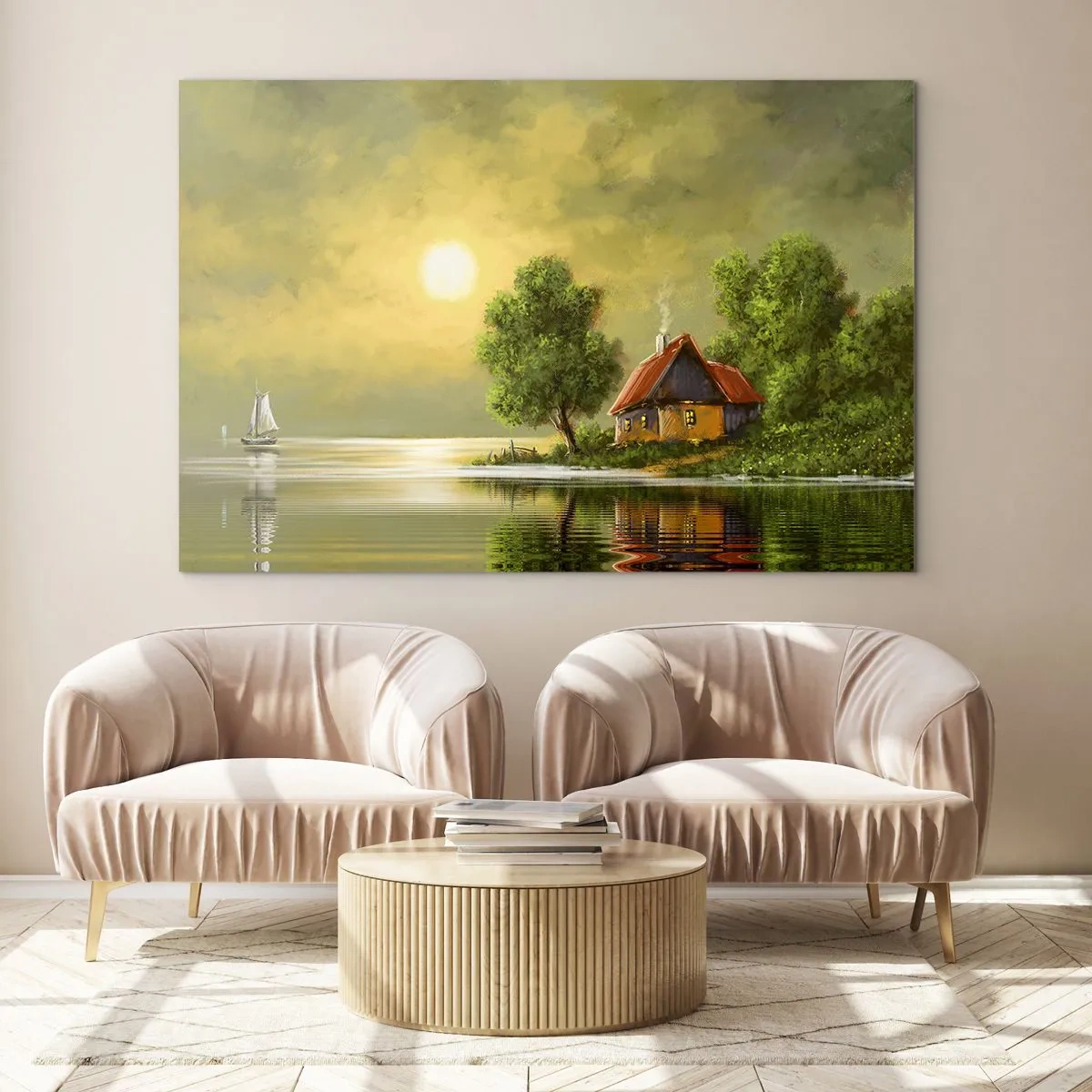 Obraz na skle - Malebná krajina s chatou pri jazere pri západe slnka - 70x50cm - Krásne, ako z obrázku - Moderná nástenná dekorácia do obývacej izby a spálne ARTTOR