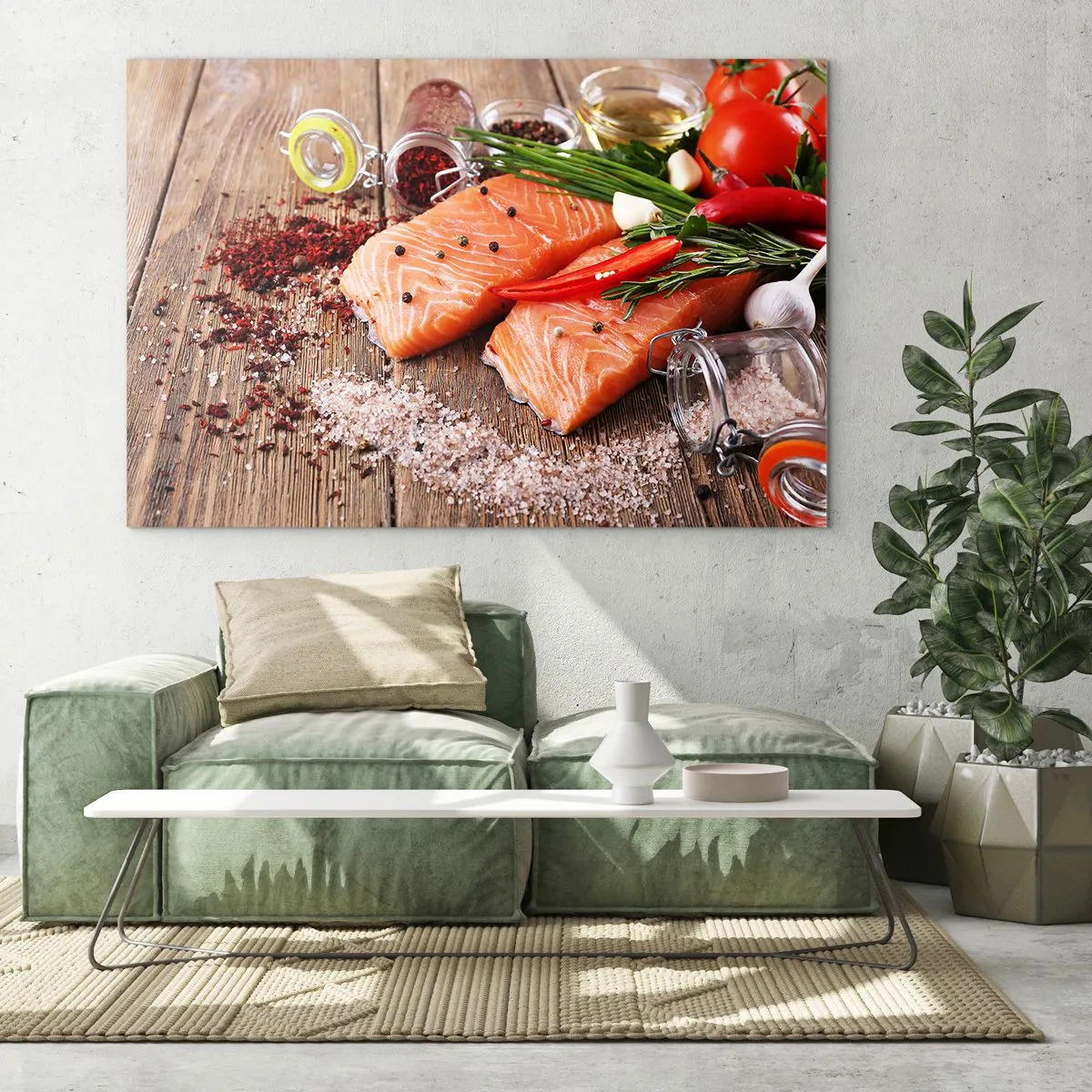Obraz na skle - Filety z lososa s korením na drevenej doske - 70x50cm - Nórske dobrodružstvo v kuchyni - Moderná nástenná dekorácia do obývacej izby a spálne ARTTOR