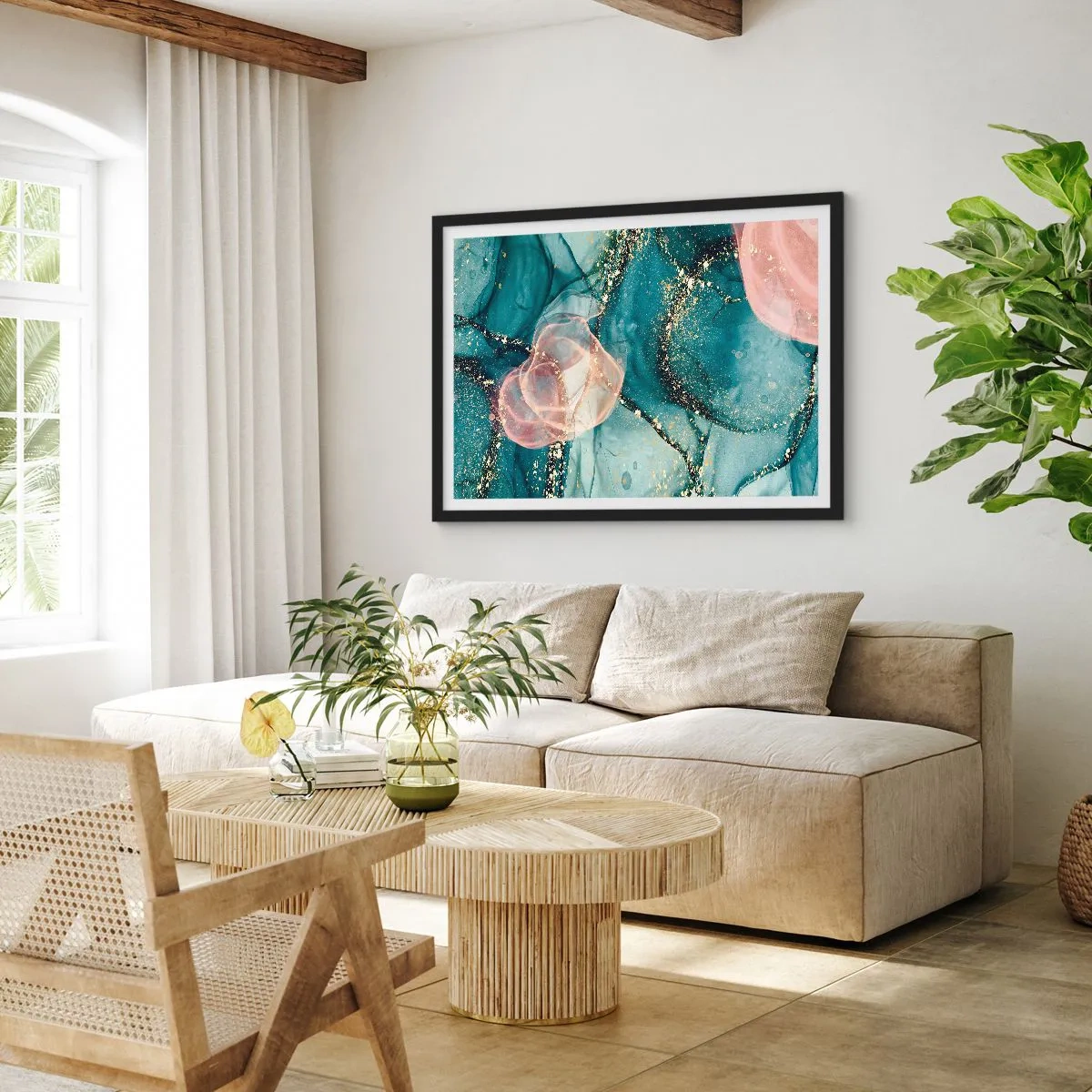 Plagát v čiernom ráme - Modré hodváb modré, ružový tyl - 70x50 cm