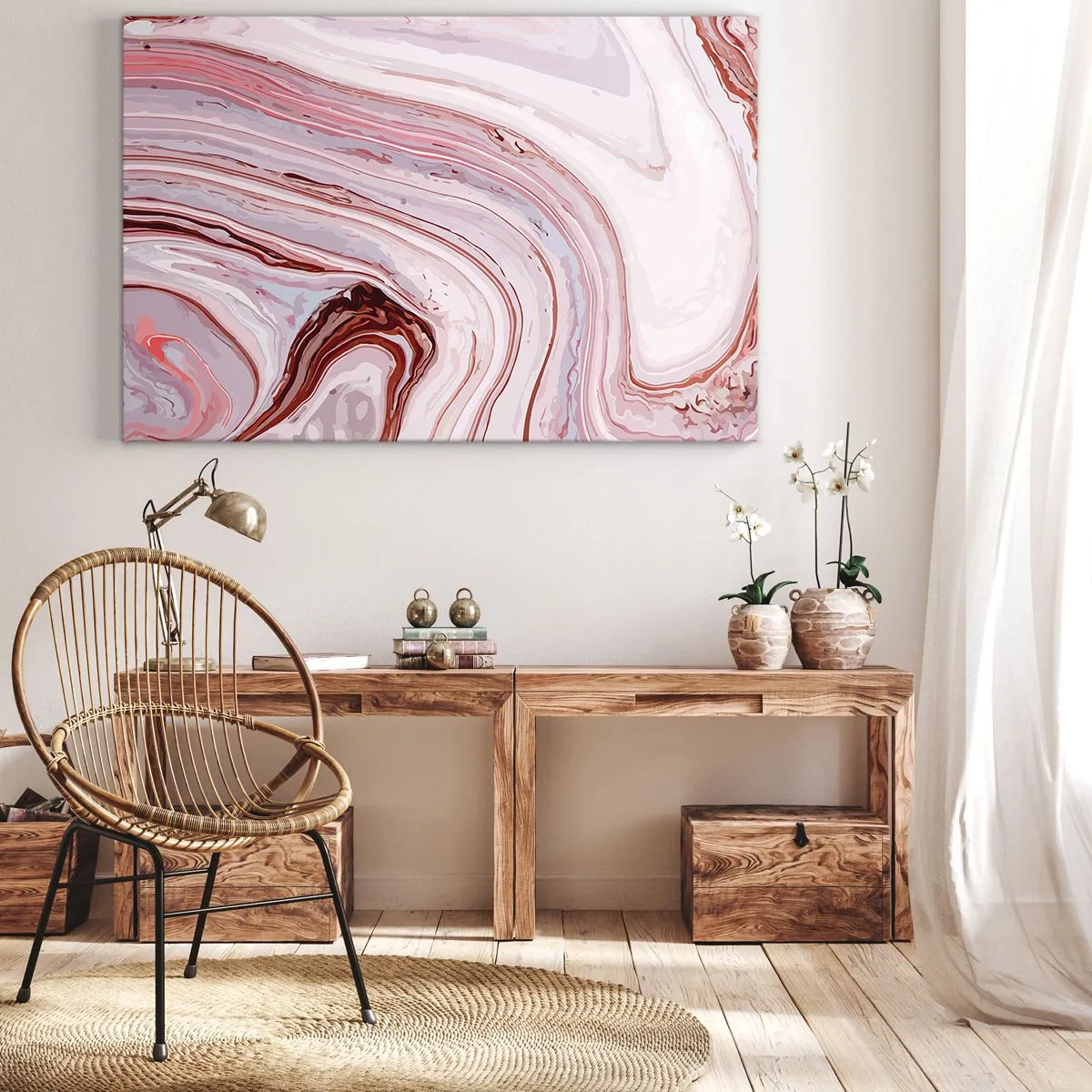 Obraz na plátne - Abstraktný vzor v ružovej a bielej farbe - 70x50cm - Rovno, potom vpravo dole - Moderná nástenná dekorácia do obývacej izby a spálne ARTTOR