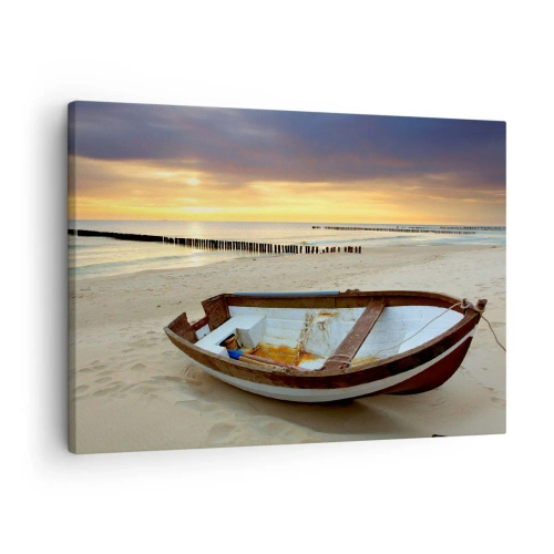 Obraz na plátne - Loď na piesočnatej pláži pri západe slnka - 70x50cm - Neexistuje krajšia pláž - Moderná nástenná dekorácia do obývacej izby a spálne ARTTOR