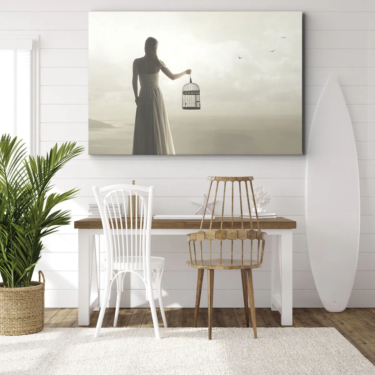 Obraz na plátne - Žena s klietkou proti pokojnej oblohe - 70x50cm - Buď slobodná - Moderná nástenná dekorácia do obývacej izby a spálne ARTTOR