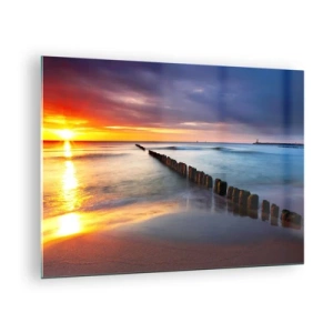 Obraz na skle - Západ slnka nad morom s drevenými vlnolammi - 70x50cm - Počúvaj ticho - Moderná nástenná dekorácia do obývacej izby a spálne ARTTOR