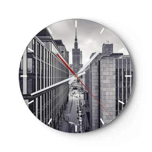 Nástenné hodiny - Panoráma mesta s modernou architektúrou - 30x30cm - Varšavské údolie - Moderná nástenná dekorácia do obývacej izby, kuchyne a spálne ARTTOR