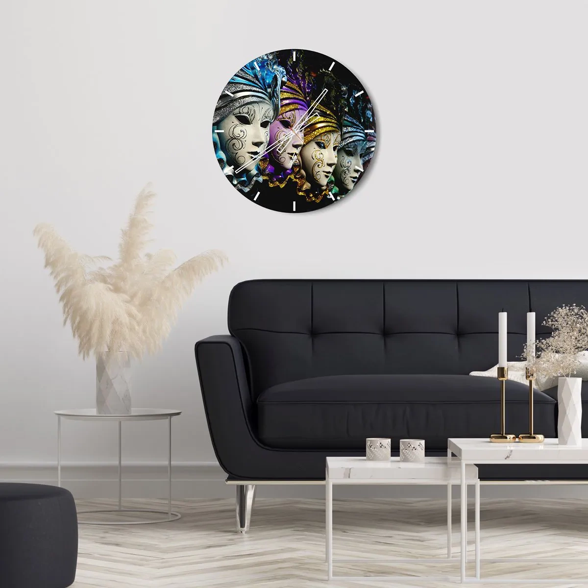 Nástenné hodiny - Farebné karnevalové masky s trblietavými dekoráciami - 30x30cm - Tajomstvo v zlatej a v striebornej - Moderná nástenná dekorácia do obývacej izby, kuchyne a spálne ARTTOR