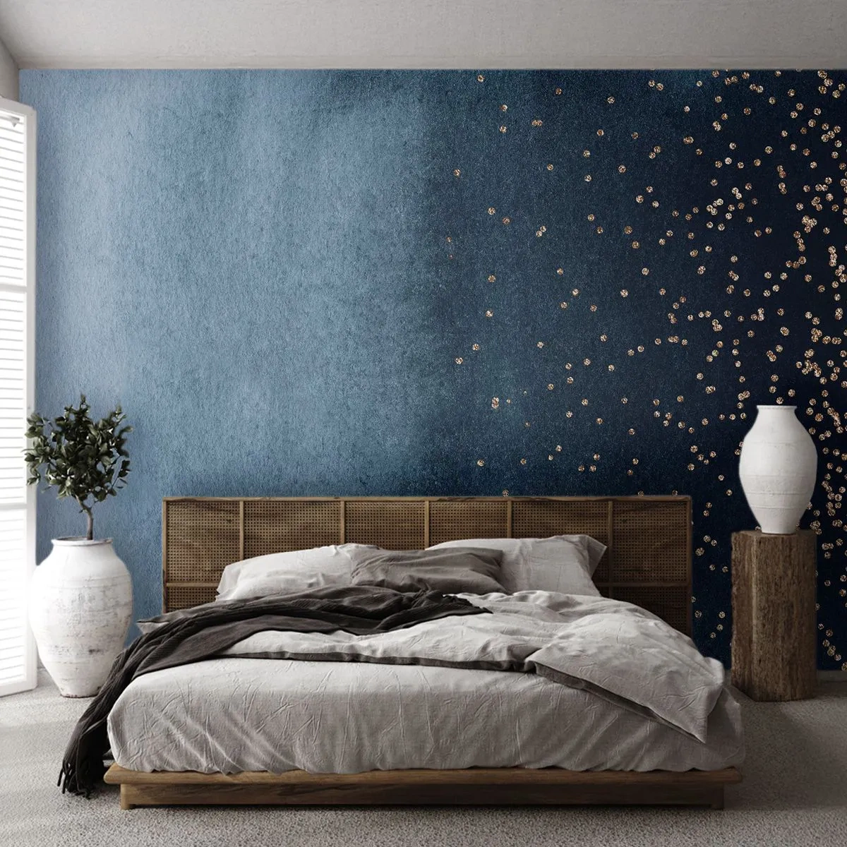 Fototapeta Standard Eco - Námornícky modrý gradient so zlatými bodkami - 100x70cm - Kompozícia – modrej fázy - Moderná nástenná dekorácia do obývacej izby a spálne ARTTOR