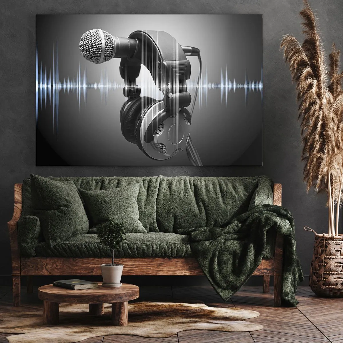 Obraz na plátne - Mikrofón a slúchadlá s vizualizáciou zvukových vĺn v pozadí - 70x50cm - Ešte je počuť spev - Moderná nástenná dekorácia do obývacej izby a spálne ARTTOR