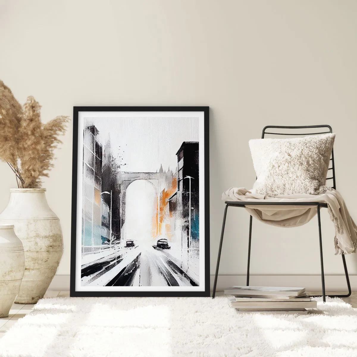 Plagát v čiernom ráme - Abstraktná panoráma mesta s monumentálnym oblúkom - 50x70cm - Štúdia mesta: architektúra a pohyb - Moderná nástenná dekorácia do obývacej izby a spálne ARTTOR