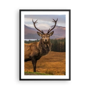 Plagát v čiernom ráme - Fotografia jeleňa na pozadí horskej krajiny - 50x70cm - Majestát prírody - Moderná nástenná dekorácia do obývacej izby a spálne ARTTOR