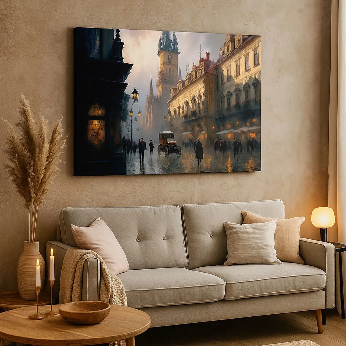Obraz na plátne - Večerná pouličná scéna s historickou architektúrou - 70x50cm - Kúzlo pražského večera - Moderná nástenná dekorácia do obývacej izby a spálne ARTTOR